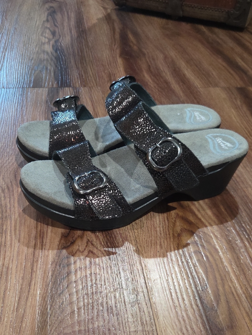 Dansko Metallic Brown Double-Buckle Wedge Mules